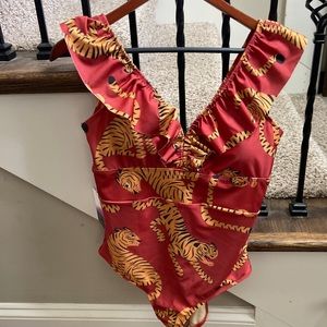 Averie Andra Retro One-Piece Swimsuit, Size Medium, Tiger Print on Bronze NWT